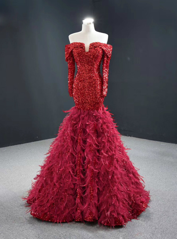 Popular Burgundy Mermaid Sequins Off the Shoulder Long Sleeve Prom Dress With Feather
