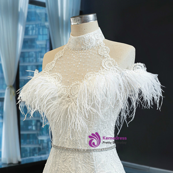 Fantastic White Mermaid Lace Halter Beading Feather Sleeveless Prom Dress