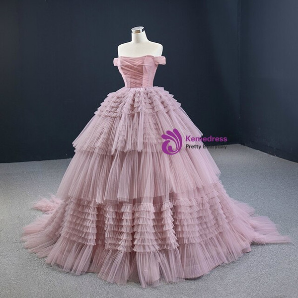 Impressive Pink Ball Gown Tulle Off the Shoulder Pleats Prom Dress
