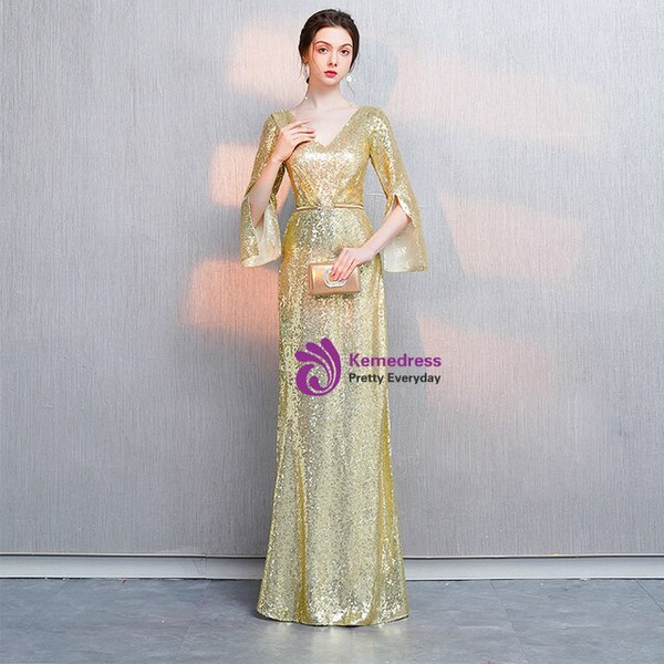  Distinctive In Stock:Ship in 48 Hours Gold Sequins V-neck Long Sleeve Prom Dress With Sash