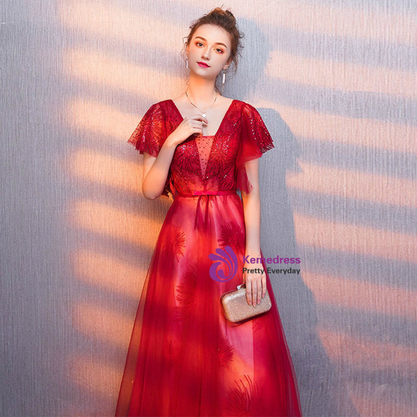 Glamorous In Stock:Ship in 48 Hours A-Line Red Tulle V-neck Backless Prom Dress