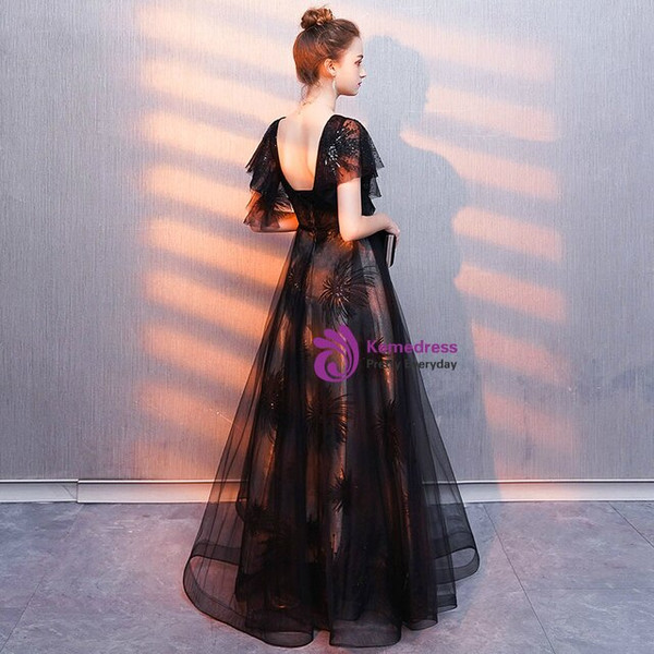 In Stock:Ship in 48 Hours Black Tulle V-neck Sequins Backless Prom Dress