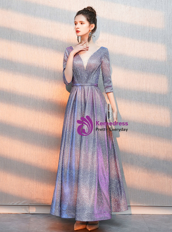 Latest In Stock:Ship in 48 Hours Purple V-neck Half Sleeve Pleats Prom Dress