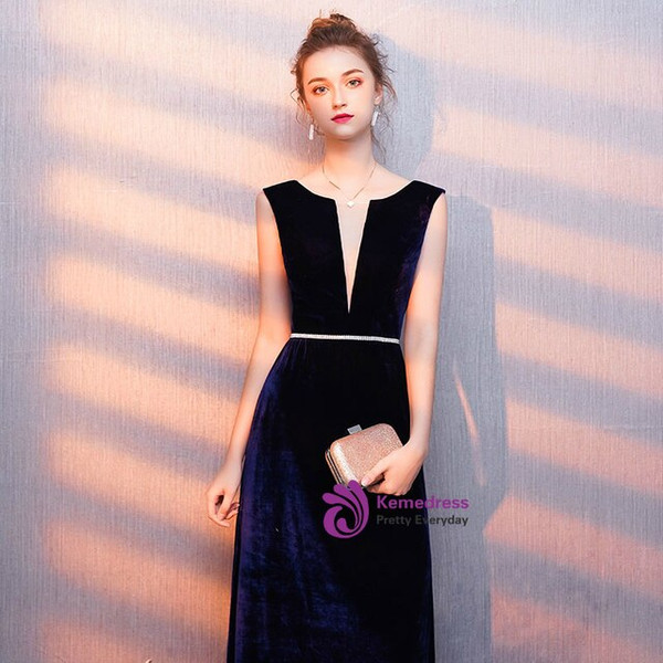 Queenly In Stock:Ship in 48 Hours Navy Blue Velvet Deep V-neck Backless Prom Dress