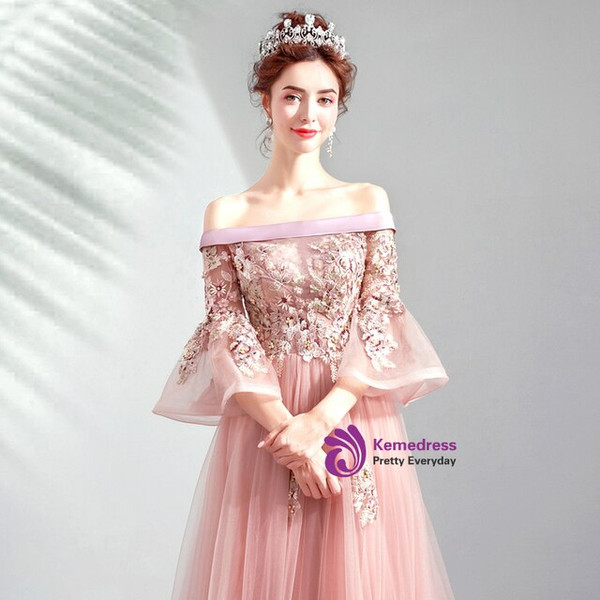 In Stock:Ship in 48 Hours Pink Tulle Embroidery Appliques Off the Shoulder Puff Sleeve Prom Dress