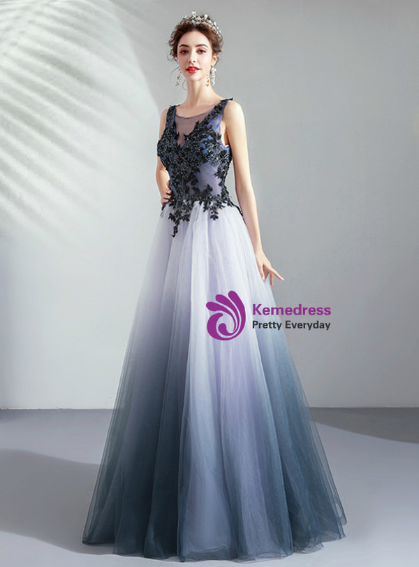 Fairy Tale In Stock:Ship in 48 Hours Blue Tulle Bateau Appliques Beading Sleeveless Prom Dress