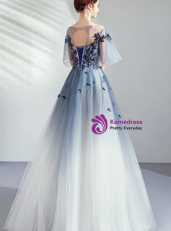 Fancy In Stock:Ship in 48 Hours Blue Tulle Appliques Puff Sleeve Backless Prom Dress