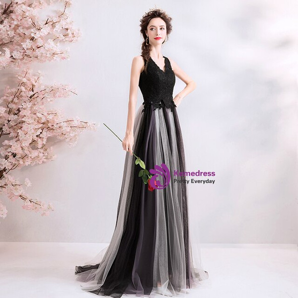 Fashionable In Stock:Ship in 48 Hours Black V-neck Tulle Lace Long Prom Dress