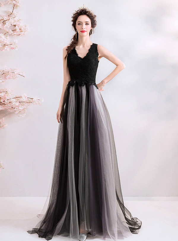 Fashionable In Stock:Ship in 48 Hours Black V-neck Tulle Lace Long Prom Dress