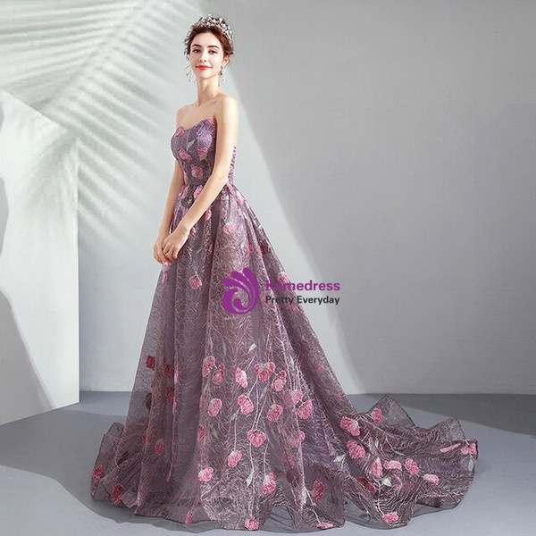 Attractive In Stock:Ship in 48 Hours Purple Tulle Embroidery Flower Strapless Prom Dress