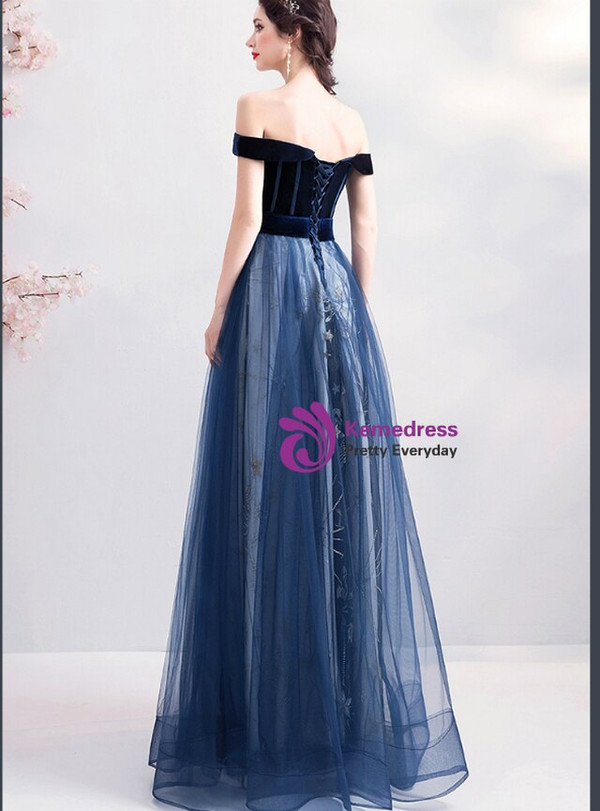 Hot Sale In Stock:Ship in 48 Hours Simple Navy Blue Velvet Tulle Off the Shoulder Prom Dress