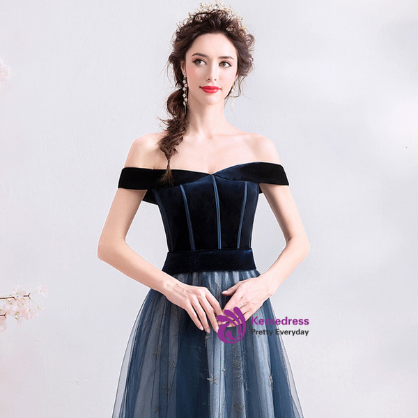 Hot Sale In Stock:Ship in 48 Hours Simple Navy Blue Velvet Tulle Off the Shoulder Prom Dress