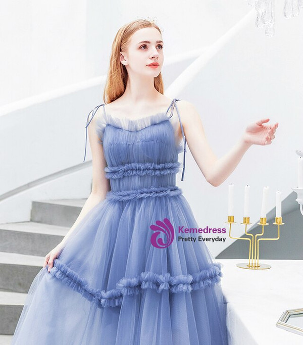 Fantastic In Stock:Ship in 48 Hours Blue Tulle Spagehtti Straps Pleats Long Prom Dress