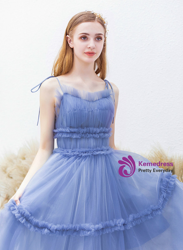 Fantastic In Stock:Ship in 48 Hours Blue Tulle Spagehtti Straps Pleats Long Prom Dress