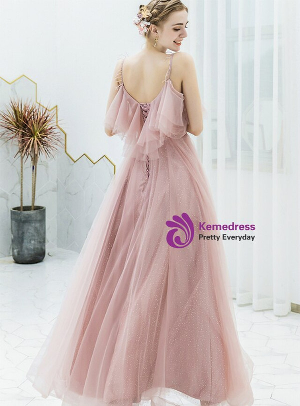 Distinctive In Stock:Ship in 48 Hours Princess Pink Spaghetti Straps Tulle Beading Prom Dress 