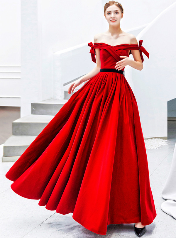 Modest In Stock:Ship in 48 Hours Red Velvet Off the Shoulder Prom Dress With Black Sash
