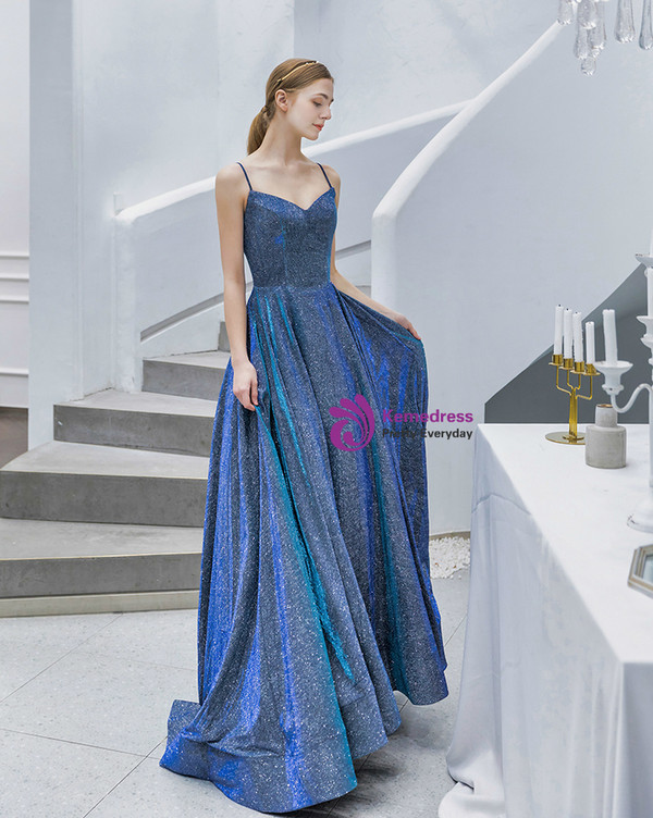 Sexy In Stock:Ship in 48 Hours Blue Spaghetti Straps Sleeveless Prom Dress