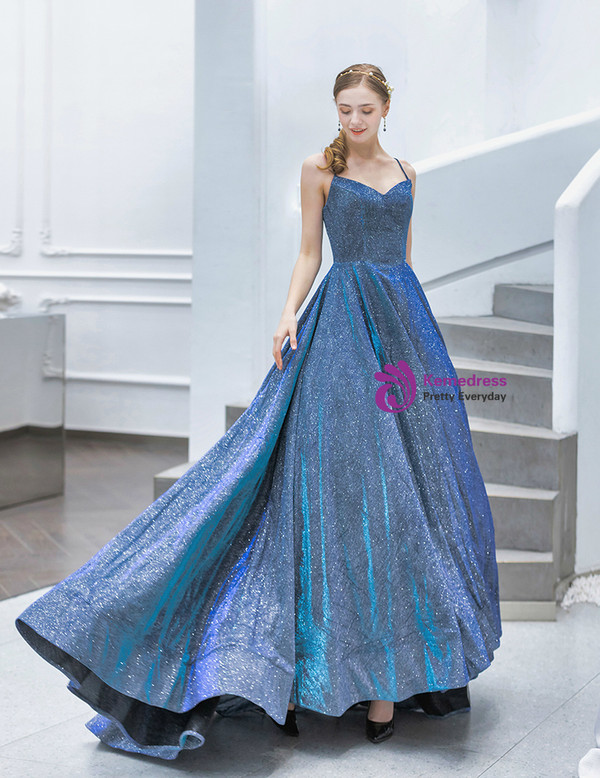 Sexy In Stock:Ship in 48 Hours Blue Spaghetti Straps Sleeveless Prom Dress