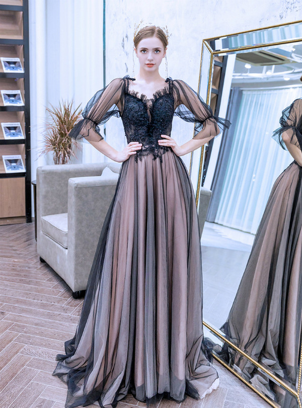 In Stock:Ship in 48 Hours Half Sleeve Spaghetti Straps Tulle Appliques Beading Prom Dress