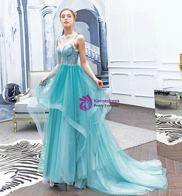 Best In Stock:Ship in 48 Hours Sky Blue Tulle Lace Spaghetti Straps Prom Dress With Botton