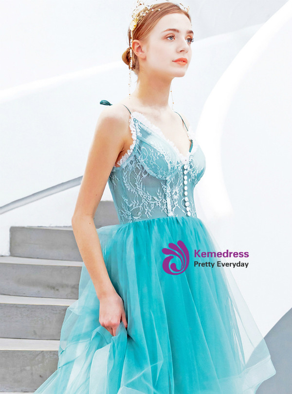 Best In Stock:Ship in 48 Hours Sky Blue Tulle Lace Spaghetti Straps Prom Dress With Botton