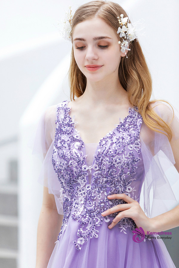 Popular In Stock:Ship in 48 Hours Purple Tulle V-neck Appliques Beading Prom Dress
