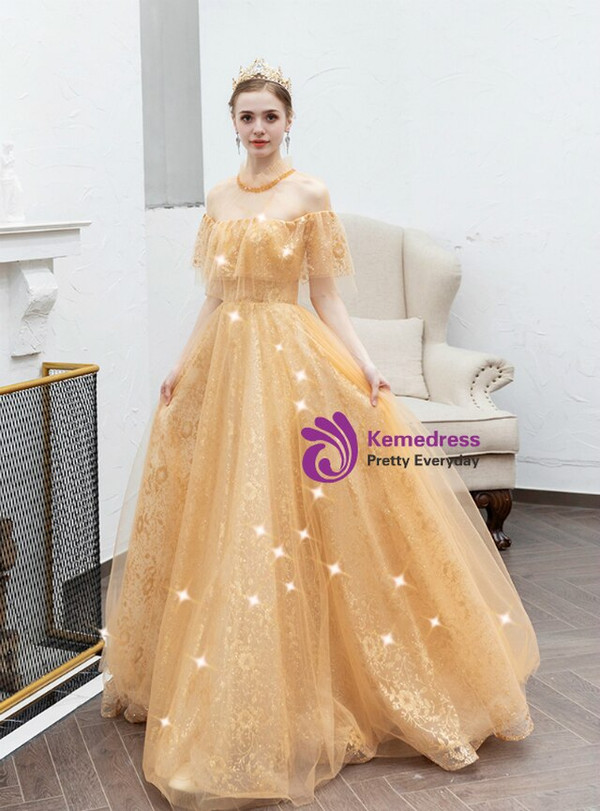 High quality In Stock:Ship in 48 Hours Simple Gold Tulle Lace Beading Prom Dress 