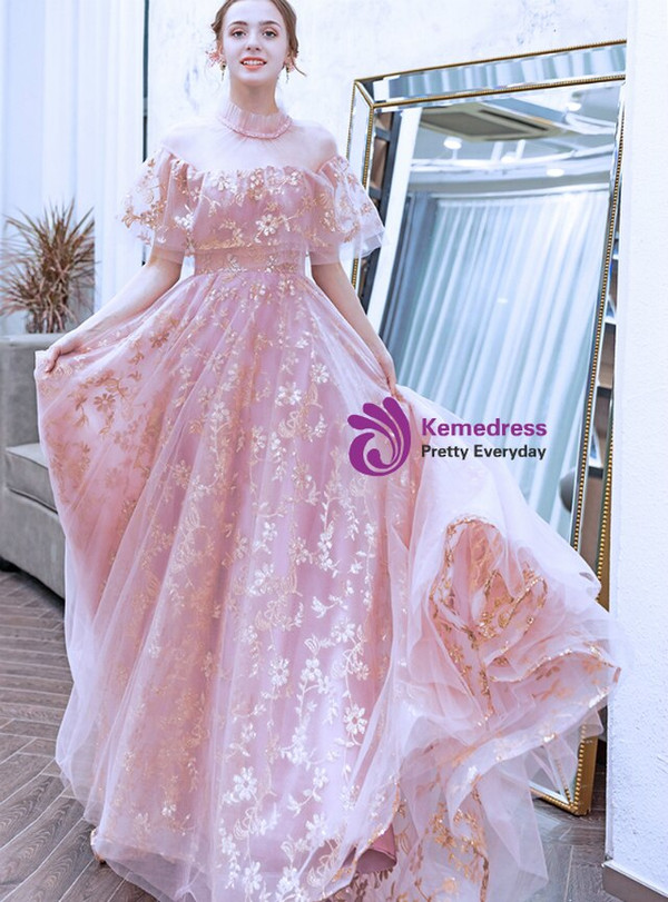 Noble In Stock:Ship in 48 Hours Pink Lace Tulle Sequins Beading Prom Dress
