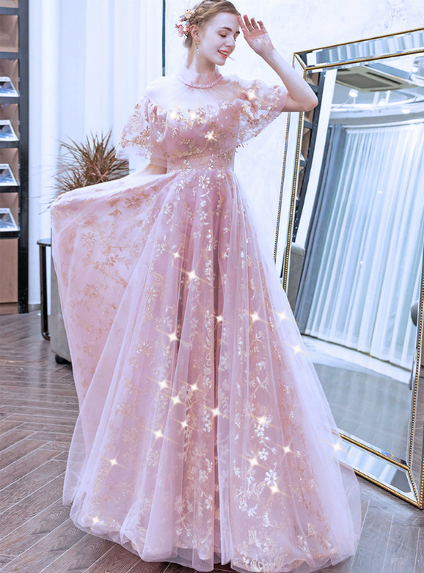 Noble In Stock:Ship in 48 Hours Pink Lace Tulle Sequins Beading Prom Dress
