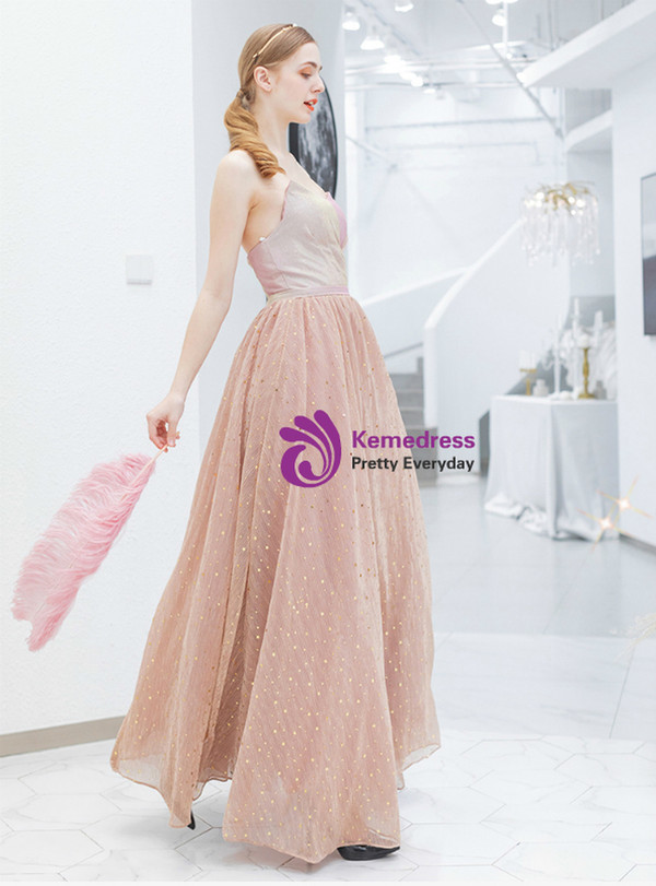 Attractive In Stock:Ship in 48 Hours Pink Tulle Sequins Strapless Pleats Prom Dress