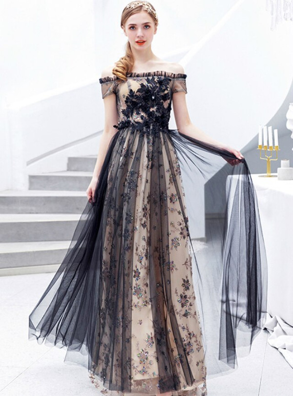 Fashionable In Stock:Ship in 48 Hours Black Lace Tulle Sequins Off the Shoulder Prom Dress