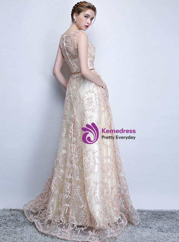 Dreamy In Stock:Ship in 48 Hours Champagne Lace Scoop Prom Dress With Pocket