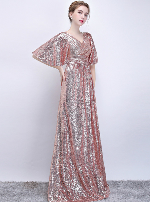 Fabulous In Stock:Ship in 48 Hours Pink Sequins V-neck Pleats Long Prom Dress