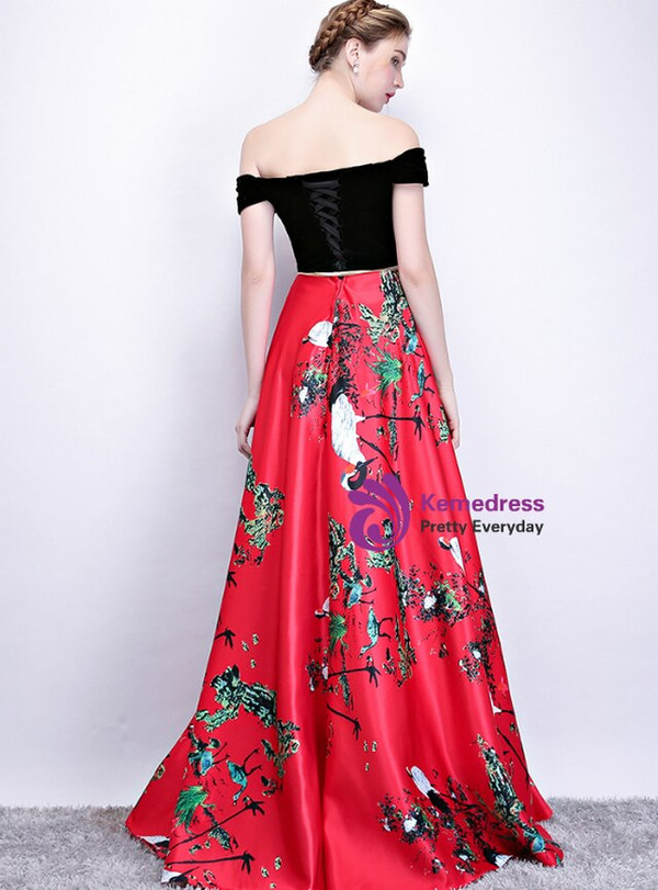 Fairy Tale In Stock:Ship in 48 Hours Red Black Satin Print Off the Shoulder Prom Dress With Pocket