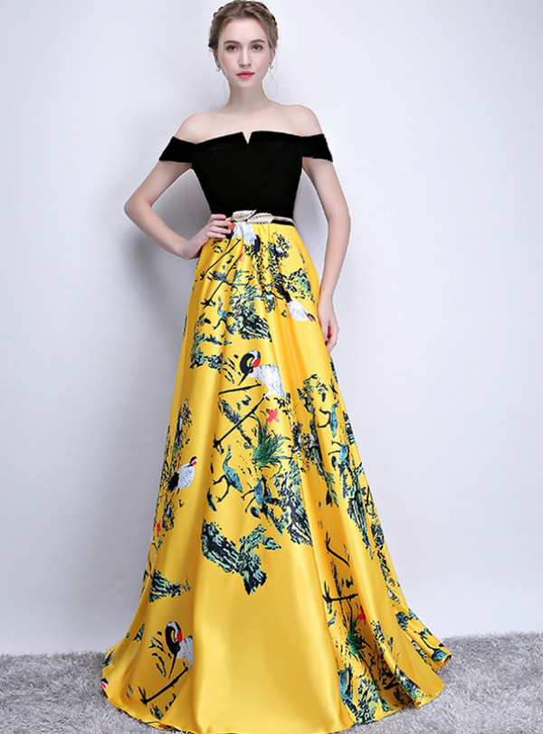 Fancy In Stock:Ship in 48 Hours Yellow Black Satin Print Off the Shoulder Prom Dress With Pocket