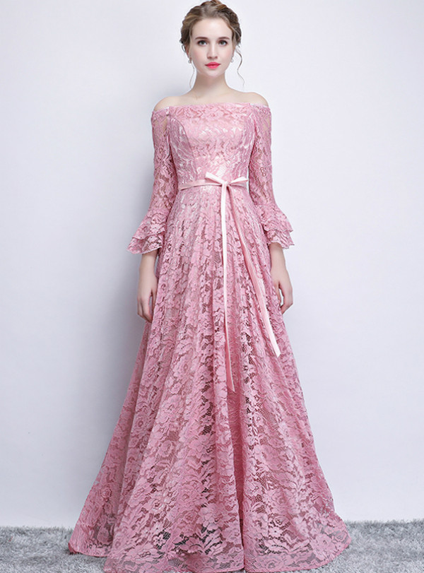 Fashionable In Stock:Ship in 48 Hours Pink Lace Long Sleeve Off The Shoulder Prom Dress With Sash