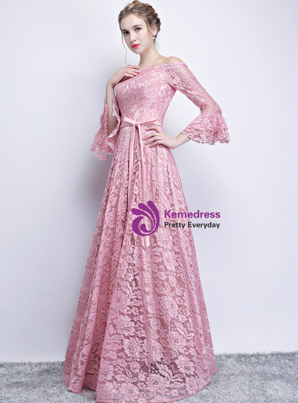 Fashionable In Stock:Ship in 48 Hours Pink Lace Long Sleeve Off The Shoulder Prom Dress With Sash