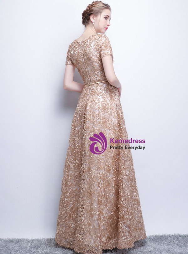 Hot Sale In Stock:Ship in 48 Hours Khaki Lace V-neck Cap Sleeve Prom Dress With Sash