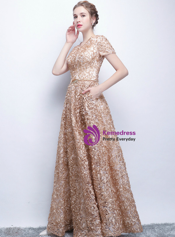 Hot Sale In Stock:Ship in 48 Hours Khaki Lace V-neck Cap Sleeve Prom Dress With Sash