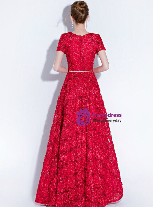 Noble In Stock:Ship in 48 Hours Burgundy Lace V-neck Cap Sleeve Prom Dress With Pocket