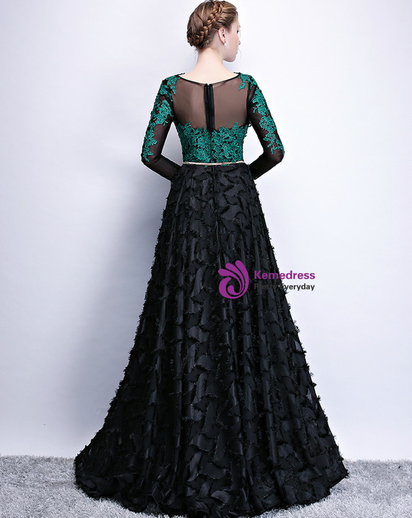In Stock:Ship in 48 Hours Black Long Sleeve Green Lace Appliques Prom Dress With Pocket