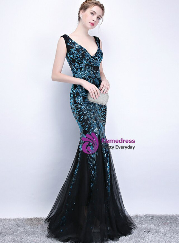 Alluring In Stock:Ship in 48 Hours Black Blue Sequins Mermaid Deep V-neck Prom Dress