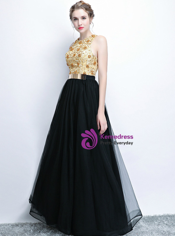 Winsome In Stock:Ship in 48 Hours Black Tulle Lace Beading Long Prom Dress With Belt