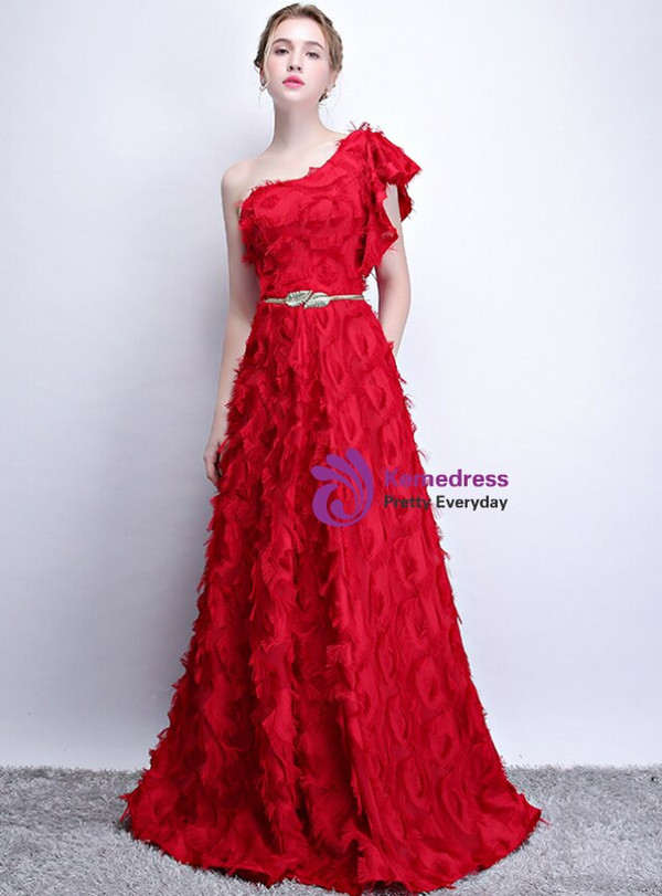 Sexy In Stock:Ship in 48 Hours Red Lace One Shoulder Long Prom Dress With Pocket