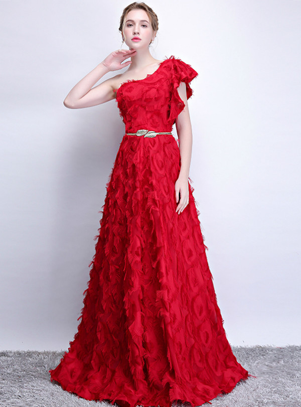 Sexy In Stock:Ship in 48 Hours Red Lace One Shoulder Long Prom Dress With Pocket