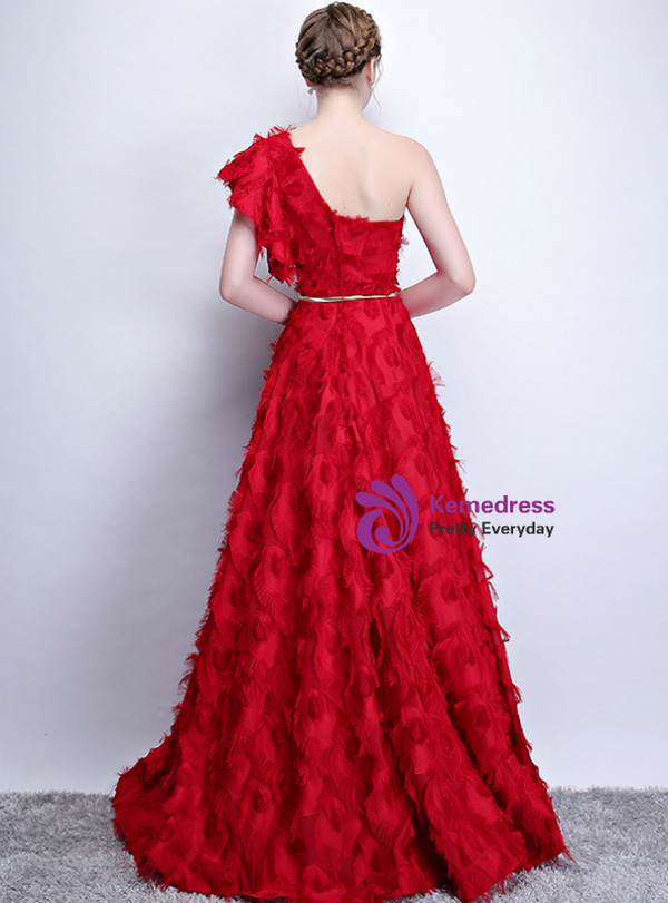 Sexy In Stock:Ship in 48 Hours Red Lace One Shoulder Long Prom Dress With Pocket