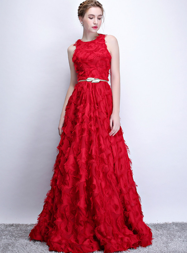 Eye-catching In Stock:Ship in 48 Hours Red Scoop Neck Sleeveless Prom Dress With Pocket