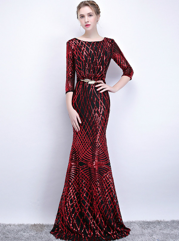 Fantastic In Stock:Ship in 48 Hours Black Red Sequins Mermaid 3/4 Sleeve Prom Dress With Belt