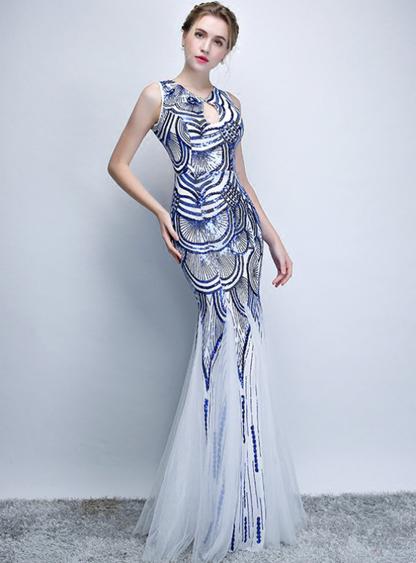 Exciting  In Stock:Ship in 48 Hours Blue Mermaid Sequins Tulle Open Back Prom Dress