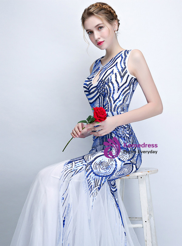 Exciting  In Stock:Ship in 48 Hours Blue Mermaid Sequins Tulle Open Back Prom Dress